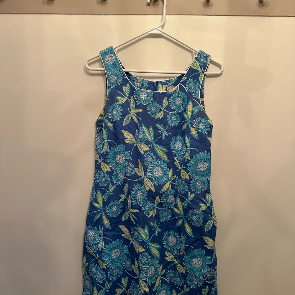 Lilly Pulitzer VTG Blue Floral Dragonfly Sheath Sleeveless Dress